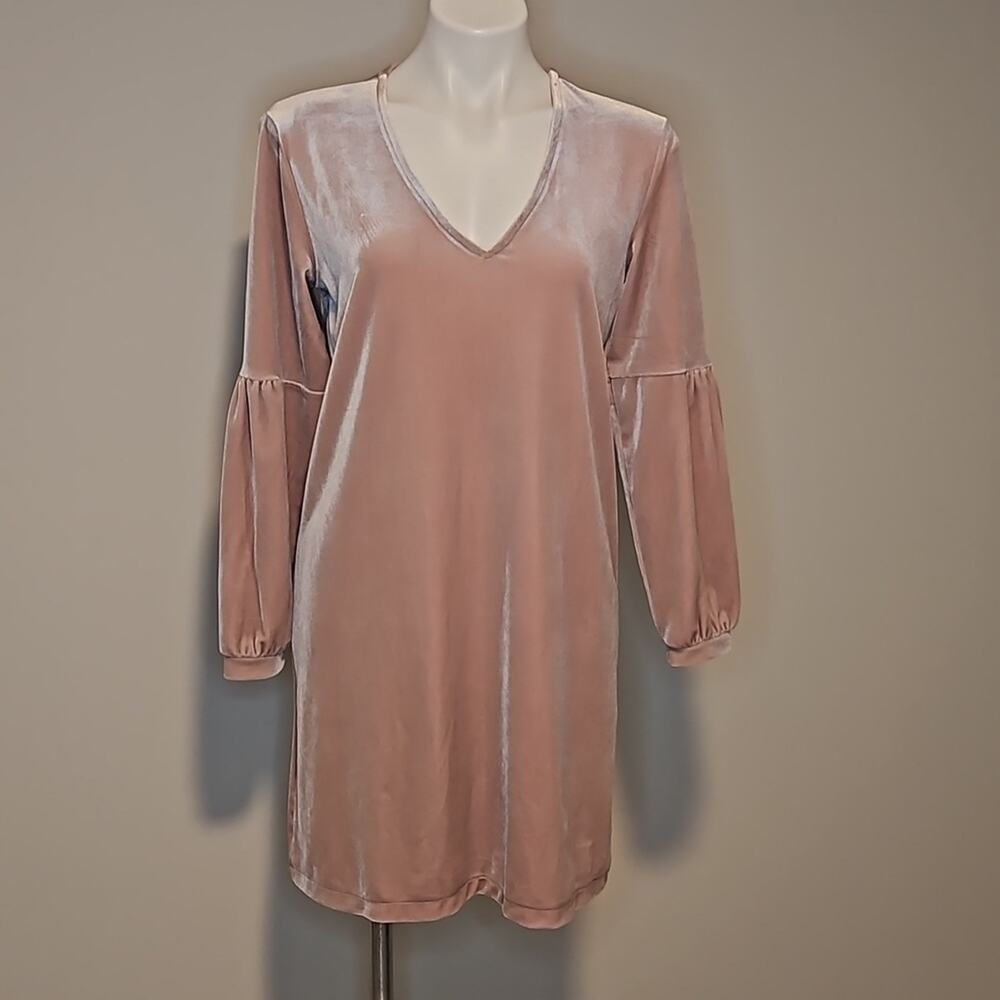 Madewell Velvet Long Balloon Sleeve V-Neck Dress in Dusty Pink Size Small